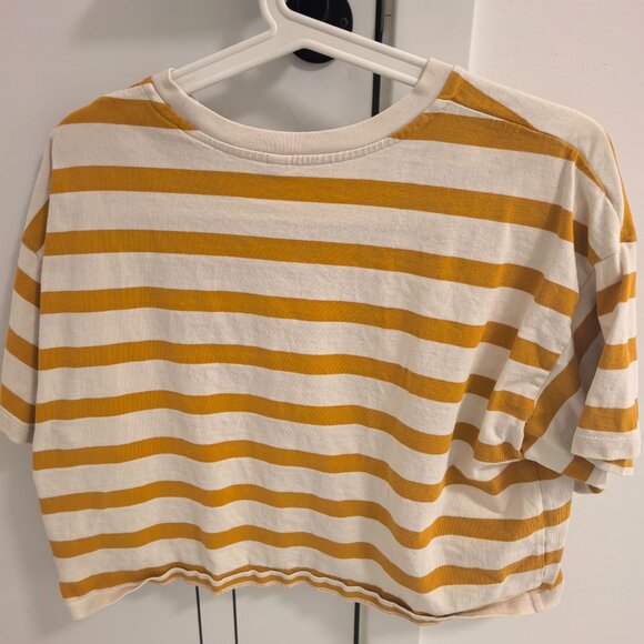 Mustard Yellow Striped Cropped Tee Oversized Boxy Crop Top Casual - Picture 5 of 5